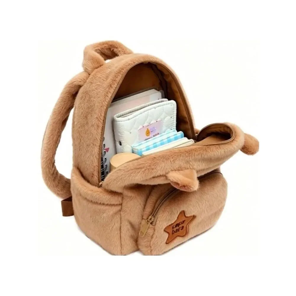 Capybara Faux Fur Plush Brown Animal Kids Small Travel Scool Backpack New